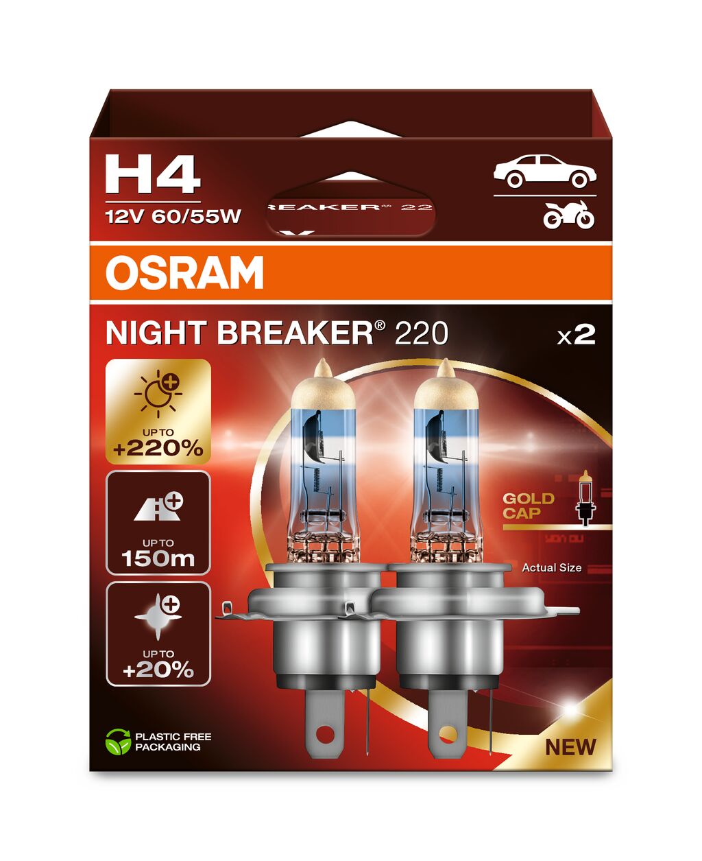 Лампа галогенова комплект H4 12V 60/55W Night Breaker 220, +220%